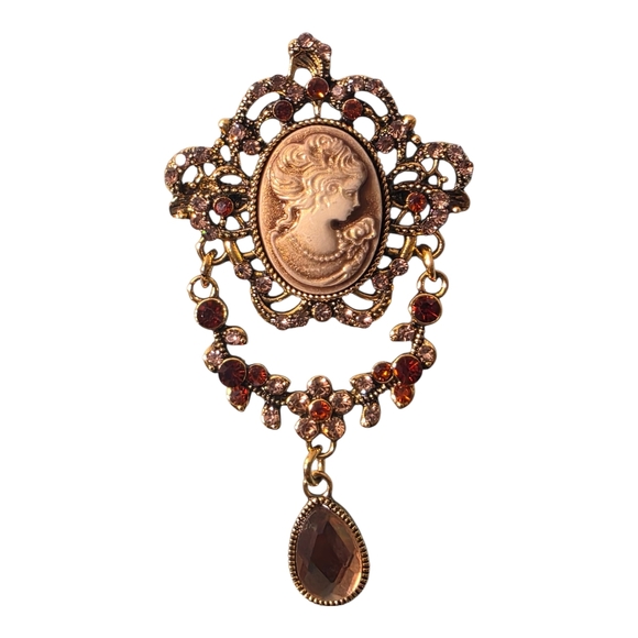 Jewelry - Modern "Antique Gold Tone" Cameo Brooch with Brown Accents